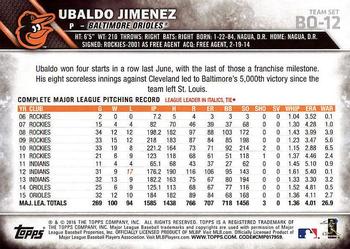 2016 Topps Baltimore Orioles #BO-12 Ubaldo Jimenez Back
