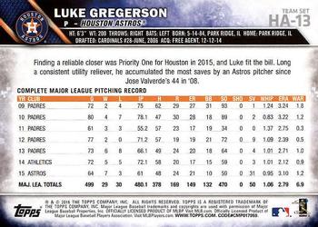 2016 Topps Houston Astros #HA-13 Luke Gregerson Back