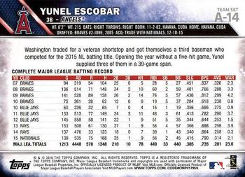2016 Topps Los Angeles Angels #A-14 Yunel Escobar Back