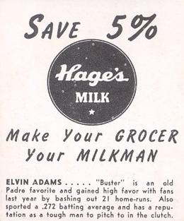 1950 Hage's Dairy #NNO Buster Adams Back