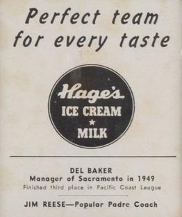 1950 Hage's Dairy #NNO Del Baker / Jim Reese Back