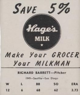 1950 Hage's Dairy #NNO Richard Barrett Back