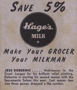 1950 Hage's Dairy #NNO Jess Dobernic Back