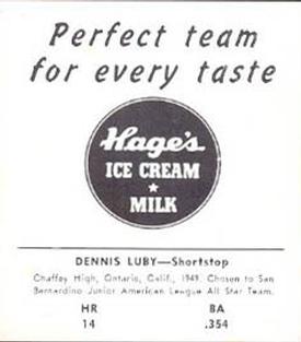 1950 Hage's Dairy #NNO Dennis Luby Back