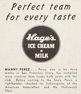 1950 Hage's Dairy #NNO Manny Perez Back