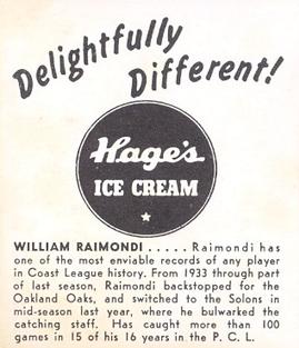 1950 Hage's Dairy #NNO Bill Raimondi Back