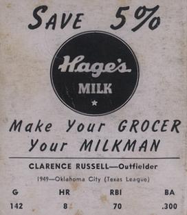 1950 Hage's Dairy #NNO Clarence Russell Back