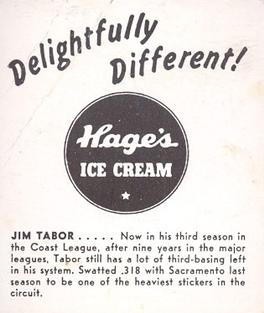 1950 Hage's Dairy #NNO Jim Tabor Back