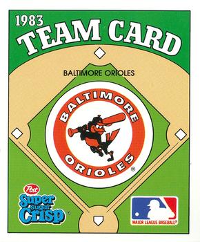 1983 Post Super Sugar Crisp Team Card #NNO Baltimore Orioles Front