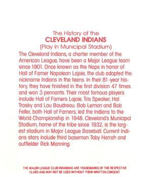 1983 Post Super Sugar Crisp Team Card #NNO Cleveland Indians Back