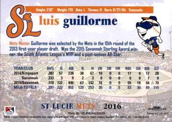 2016 Grandstand St. Lucie Mets #NNO Luis Guillorme Back