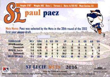 2016 Grandstand St. Lucie Mets #NNO Paul Paez Back