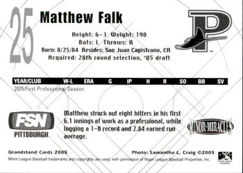 2005 Grandstand Princeton Devil Rays #NNO Matthew Falk Back