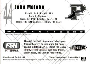 2005 Grandstand Princeton Devil Rays #NNO John Matulia Back