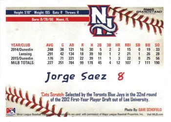 2016 Grandstand New Hampshire Fisher Cats #NNO Jorge Saez Back
