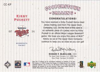 2001 SP Authentic - Cooperstown Calling Game Jersey #CC-KP Kirby Puckett  Back