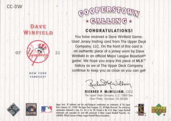 2001 SP Authentic - Cooperstown Calling Game Jersey #CC-DW Dave Winfield  Back