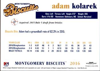 2016 Grandstand Montgomery Biscuits #NNO Adam Kolarek Back