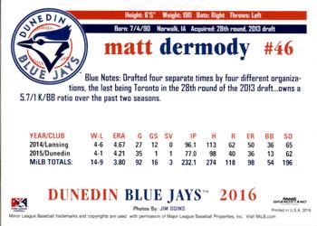 2016 Grandstand Dunedin Blue Jays #NNO Matt Dermody Back