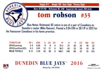 2016 Grandstand Dunedin Blue Jays #NNO Tom Robson Back