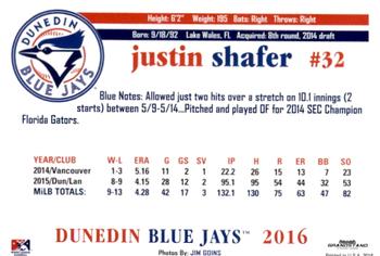 2016 Grandstand Dunedin Blue Jays #NNO Justin Shafer Back