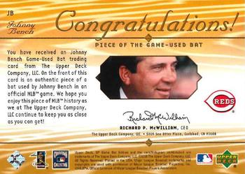 2001 SP Game Bat - Piece of the Game #JB2 Johnny Bench Back