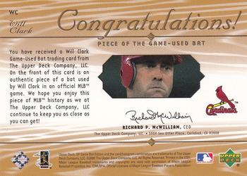 2001 SP Game Bat - Piece of the Game #WC Will Clark  Back