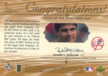 2001 SP Game Bat - Piece of the Game #JC Jose Canseco  Back