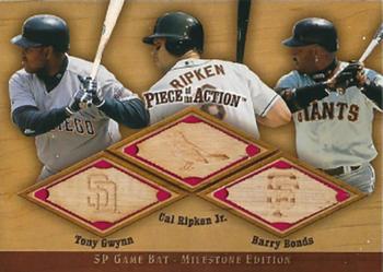 2001 SP Game Bat Milestone - Piece of Action Trios #GRB Tony Gwynn / Cal Ripken Jr. / Barry Bonds Front