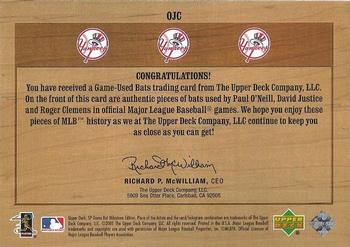 2001 SP Game Bat Milestone - Piece of Action Trios #OJC Paul O'Neill / David Justice / Roger Clemens Back