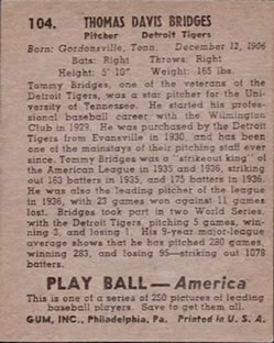 1939 Play Ball #104 Tommy Bridges Back