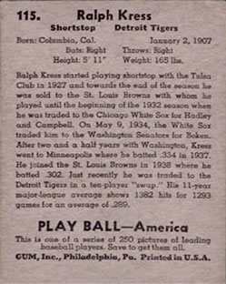 1939 Play Ball #115 Red Kress Back
