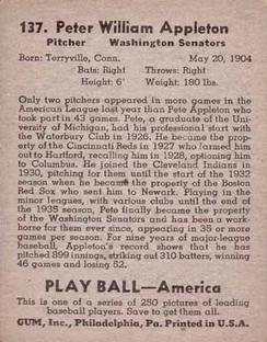 1939 Play Ball #137 Pete Appleton Back
