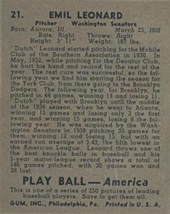 1939 Play Ball #21 Dutch Leonard Back