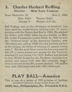 1939 Play Ball #3 Red Ruffing Back