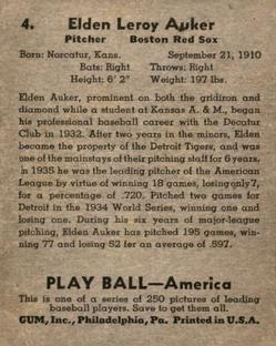 1939 Play Ball #4 Elden Auker Back