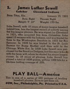 1939 Play Ball #5 Luke Sewell Back