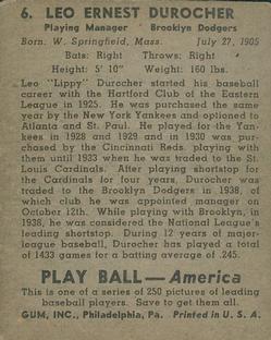 1939 Play Ball #6 Leo Durocher Back