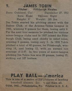 1939 Play Ball #9 Jim Tobin Back