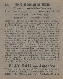 1939 Play Ball #10 Jimmie DeShong Back