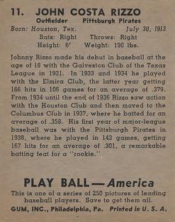 1939 Play Ball #11 Johnny Rizzo Back