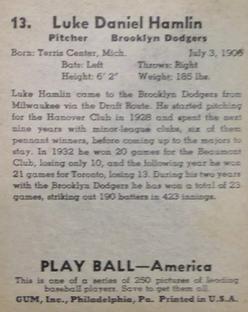 1939 Play Ball #13 Luke Hamlin Back