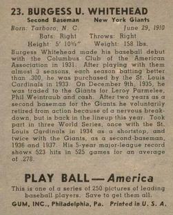1939 Play Ball #23 Burgess Whitehead Back