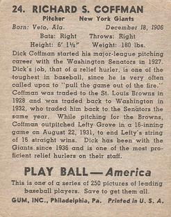 1939 Play Ball #24 Richard Coffman Back