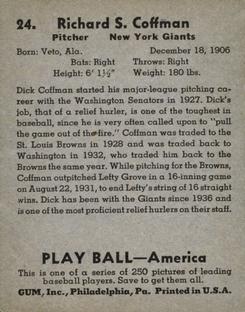 1939 Play Ball #24 Richard Coffman Back