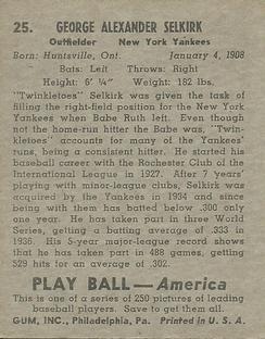 1939 Play Ball #25 George Selkirk Back