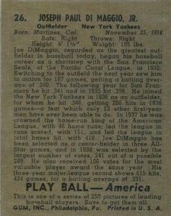 1939 Play Ball #26 Joe DiMaggio Back