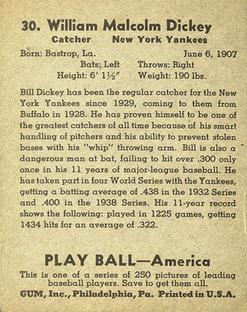 1939 Play Ball #30 Bill Dickey Back