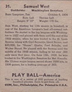 1939 Play Ball #31 Sam West Back