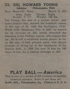 1939 Play Ball #33 Del Young Back